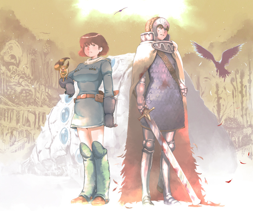 animal armor bird breasts brown_eyes brown_hair closed_mouth commentary_request crown dress earrings gloves hat highres jewelry kaze_no_tani_no_nausicaa kushana kyoshinhei multiple_girls nausicaa ohmu pet short_hair sword takemaru08 teto weapon