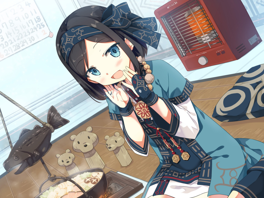 1girl ayakashi_kyoushuutan black_hair blue_eyes blush cura dutch_angle fish gloves headband heater highres indoors official_art open_mouth palopolo pillow pot seiza sitting solo stew