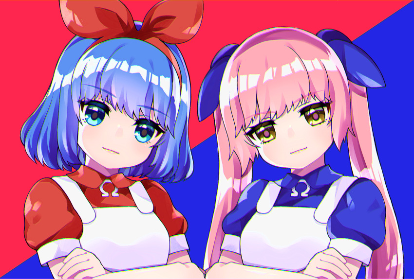 2girls apron bangs blue_background blue_dress blue_eyes blue_hair blue_ribbon brown_eyes closed_mouth collared_dress commentary_request crossed_arms dress eyebrows_visible_through_hair hair_ribbon hairband head_tilt highres long_hair multiple_girls omega_rei omega_rio omega_sisters omega_symbol pikomarie pink_hair puffy_short_sleeves puffy_sleeves red_background red_dress red_hairband red_ribbon ribbon short_sleeves smile twintails two-tone_background upper_body virtual_youtuber white_apron