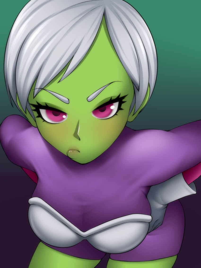 1girl armor bodysuit breasts cheelai closed_mouth dragon_ball dragon_ball_super dragon_ball_super_broly eyebrows_visible_through_hair eyelashes gloves green_skin hand_on_hip hanging_breasts highres lips loen-lapae looking_at_viewer medium_breasts pout purple_bodysuit purple_eyes short_hair simple_background solo thighs white_gloves white_hair