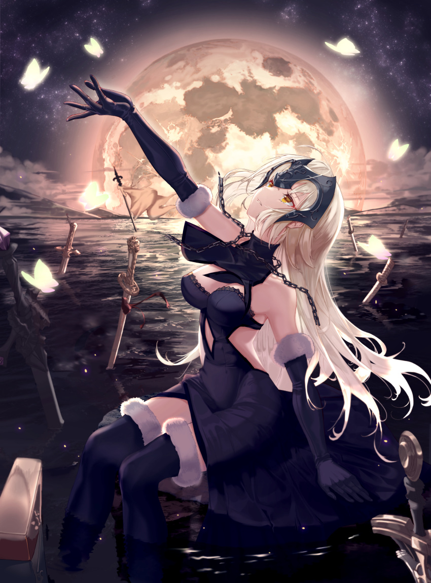 1girl absurdres arm_support arm_up black_gloves black_legwear blonde_hair brown_eyes bug butterfly chains elbow_gloves eyebrows_visible_through_hair fate/grand_order fate_(series) gloves highres insect jeanne_d'arc_(alter)_(fate) jeanne_d'arc_(fate) jeanne_d'arc_(fate)_(all) long_hair looking_away looking_up moon mute_fanta855 over-kneehighs parted_lips sitting solo sword thighhighs water weapon
