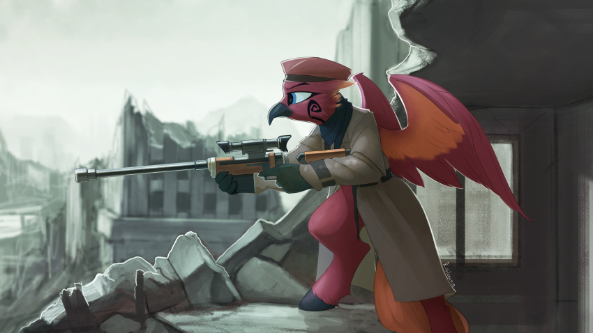 2019 absurd_res anthro avian beak black_beak blue_eyes day detailed_background digital_media_(artwork) fan_character feathered_wings feathers gun hi_res hippogryph holding_object holding_weapon hooves my_little_pony outside ranged_weapon red_feathers rublegun solo weapon wings