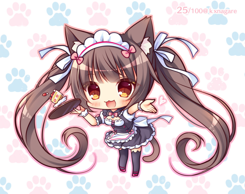 1girl :d animal_band_legwear animal_ear_fluff animal_ears bell black_dress black_legwear blush bow breasts brown_eyes brown_hair cake cat_band_legwear cat_ears cat_girl cat_tail chibi chocola_(sayori) collared_dress commentary_request dress food frilled_dress frills fruit full_body heart holding holding_tray jingle_bell long_hair maid_headdress medium_breasts nekopara open_mouth outstretched_arm paw_background pink_bow puffy_short_sleeves puffy_sleeves red_footwear ryuuka_sane shirt shoes short_sleeves sleeveless sleeveless_dress slice_of_cake smile solo standing strawberry tail thighhighs tray twintails uniform very_long_hair waitress white_background white_shirt wrist_cuffs