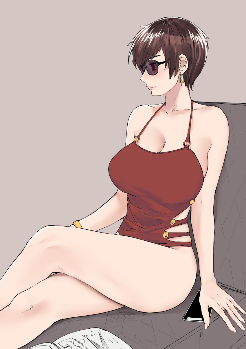 1girl absurdres bangs bare_shoulders bracelet breasts brown_hair cellphone cleavage earrings highres jewelry large_breasts legs_crossed lying norman_maggot olive_laurentia on_back paper phone pixie_cut red_swimsuit short_hair sitting smartphone sunglasses swimsuit