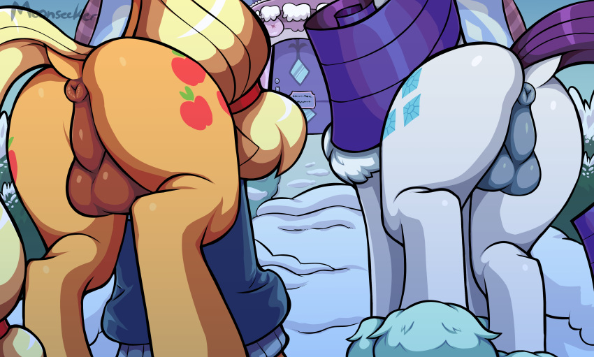 absurd_res anus applejack_(mlp) backsack balls butt clothing crossgender cutie_mark digital_media_(artwork) dock duo earth_pony equid equine feral friendship_is_magic hi_res horse mammal my_little_pony outside pony rarity_(mlp) rear_view sketchy_skylar