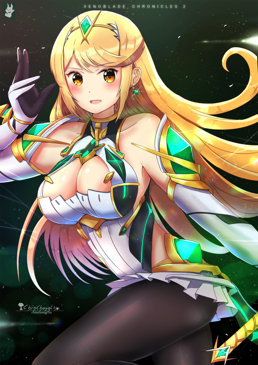 1girl arm_up armor artist_name bangs blonde_hair blush breasts chinchongcha closed_mouth copyright_name cowboy_shot dress elbow_gloves gloves hair_ornament headpiece highres hikari_(xenoblade_2) holding holding_sword holding_weapon large_breasts long_hair looking_at_viewer nintendo skirt smile solo spirit_(super_smash_bros.) super_smash_bros. super_smash_bros._ultimate swept_bangs sword tiara very_long_hair weapon xenoblade_(series) xenoblade_2 yellow_eyes