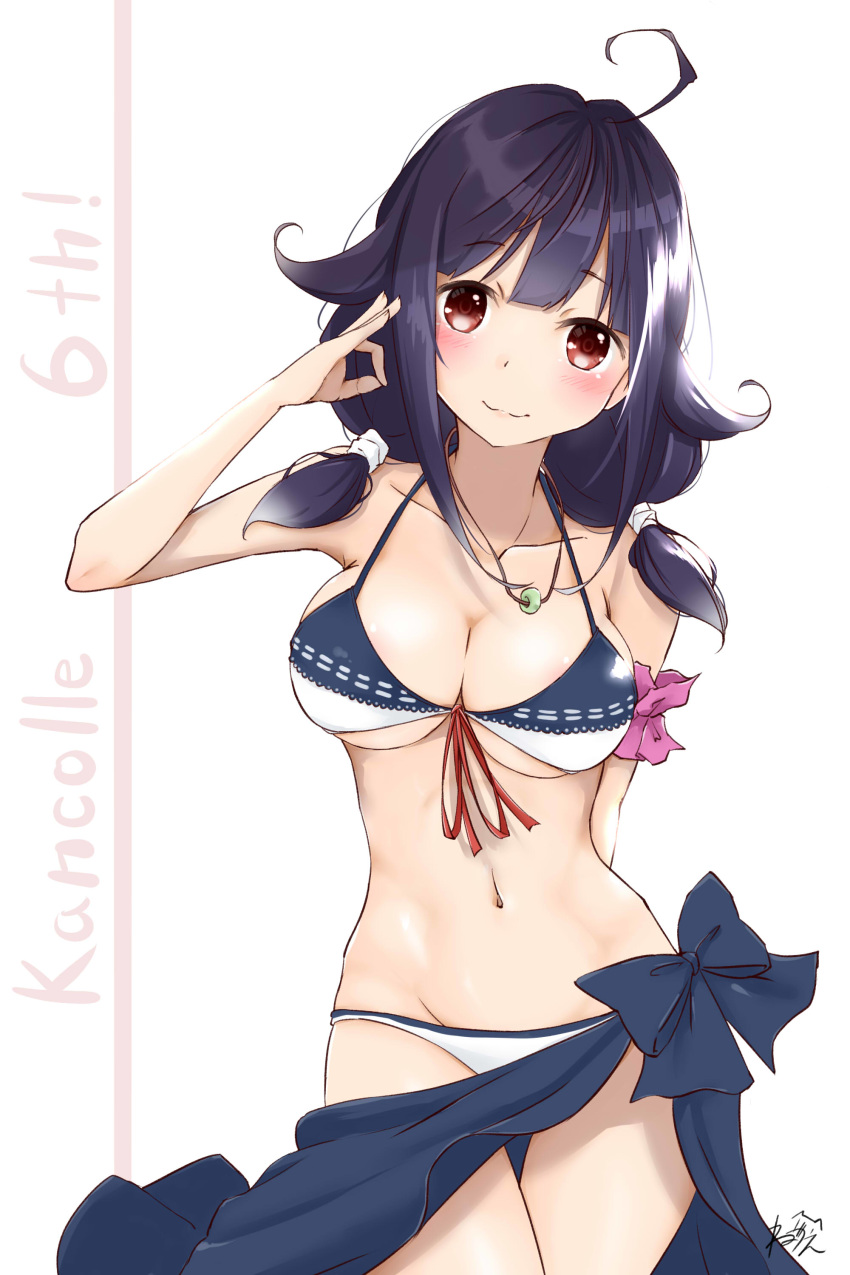 1girl absurdres alternate_costume bikini blush breasts closed_mouth dated eyebrows_visible_through_hair hair_between_eyes hair_flaps highres kantai_collection large_breasts looking_at_viewer low_twintails navel neve purple_hair red_eyes smile solo swimsuit taigei_(kantai_collection) twintails