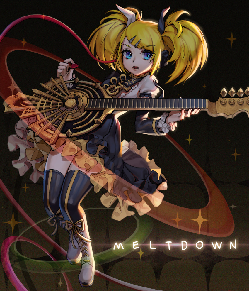 1girl absurdres bangs black_bow black_legwear black_sleeves blonde_hair blue_eyes boots bow copyright_name detached_sleeves doyoom eyebrows_visible_through_hair frilled_sleeves frills full_body hair_bow hair_ornament highres holding holding_instrument instrument kagamine_rin layered_skirt long_hair long_sleeves looking_at_viewer miniskirt multicolored multicolored_clothes multicolored_skirt open_mouth ribbon roshin_yuukai_(vocaloid) short_sleeves skirt solo sweatdrop swept_bangs thighhighs twintails vocaloid white_bow white_footwear yellow_ribbon
