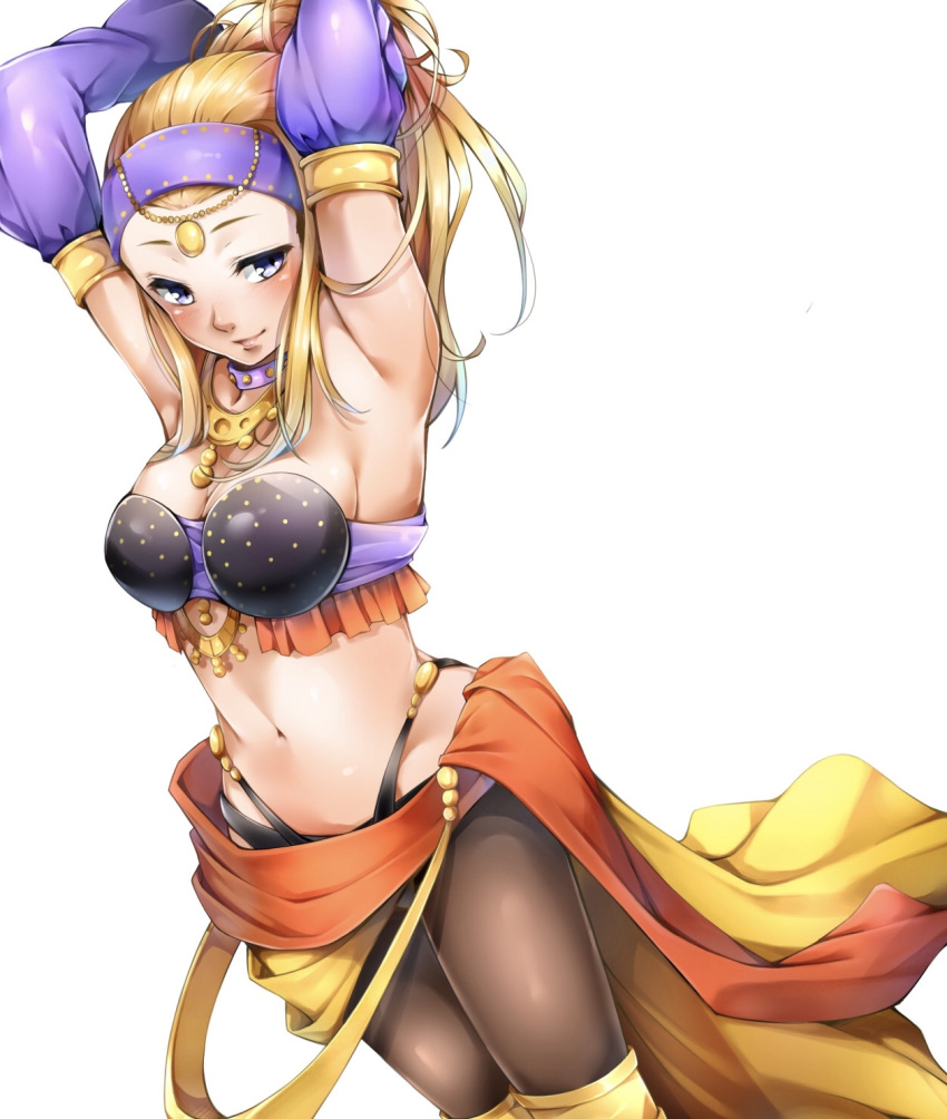 1girl armpits arms_up blonde_hair blue_eyes breasts brown_legwear cleavage cowboy_shot detached_sleeves dragon_quest dragon_quest_xi gradient_hair highres imo_(evekelu-111) long_hair long_sleeves looking_at_viewer medium_breasts midriff multicolored_hair navel panties panties_under_pantyhose pantyhose purple_headband purple_sleeves senya_(dq11) shiny shiny_hair sideboob simple_background solo standing stomach two-tone_hair underwear white_background