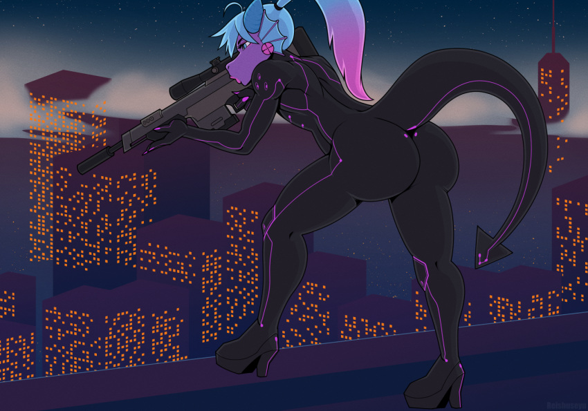 2019 ambiguous_gender anthro big_butt blue_eyes bodysuit building butt city clothed clothing demino_(deminothedragon) digital_media_(artwork) dragon ear_piercing ear_ring eyelashes footwear futuristic gun hair high_heels holding_object holding_weapon horn huge_butt invalid_tag lipstick makeup night outside piercing ranged_weapon reishuseyu rifle scalie shoes skinsuit sky sniper sniper_rifle solo standing star starry_sky stealth_suit thick_lips thick_thighs tight_clothing weapon wide_hips
