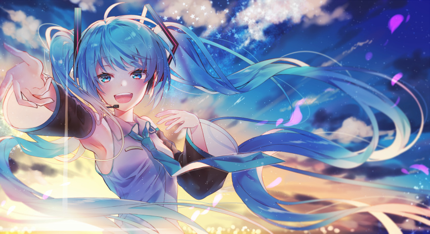 1girl :d armpits backlighting blue_eyes blue_hair blue_neckwear blue_sky blurry breasts clothes_lift cloud cloudy_sky commentary_request day depth_of_field detached_sleeves eyebrows_visible_through_hair eyelashes eyes_visible_through_hair floating_hair happy hatsune_miku headset highres horizon kawachi_rin light_particles light_rays long_hair looking_at_viewer necktie open_mouth orange_sky outdoors outstretched_arms petals pink_sky shirt sky sleeveless sleeveless_shirt small_breasts smile solo sparkle star sun sunlight sunrise twintails upper_body upper_teeth very_long_hair vocaloid water_surface white_shirt
