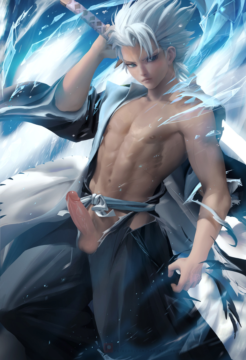 1boy bleach hitsugaya_toushirou ice male_focus male_only penis sakimichan silver_hair sole_male solo uncensored