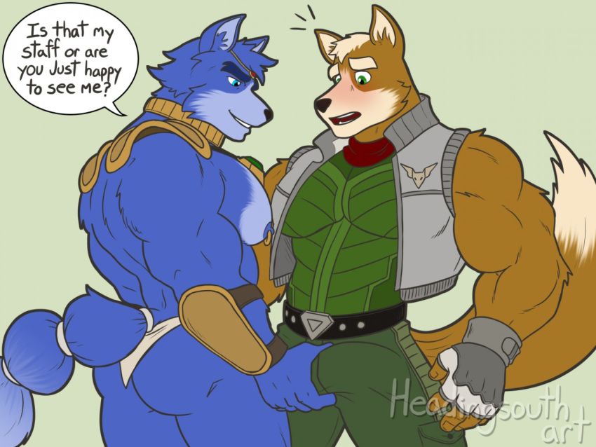 2019 4:3 big_muscles blush bulge butt canid canine crossgender english_text fox fox_mccloud grope headingsouth krystal male male/male mammal muscular muscular_male nintendo nipple_piercing nipples piercing star_fox text video_games