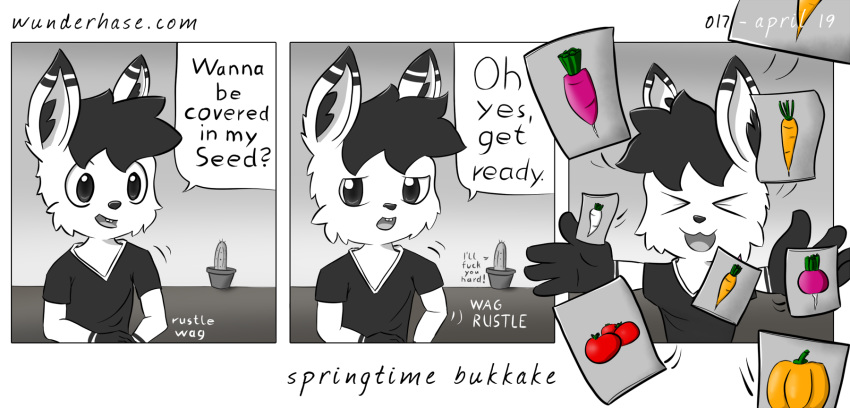 2019 anthro cactus clothed clothing comic digital_media_(artwork) front_view fur hi_res humor kemono lagomorph leporid looking_at_viewer male mammal masturbation mustelid plant potted_plant rabbit seed sound_effects text webcomic wunderhase
