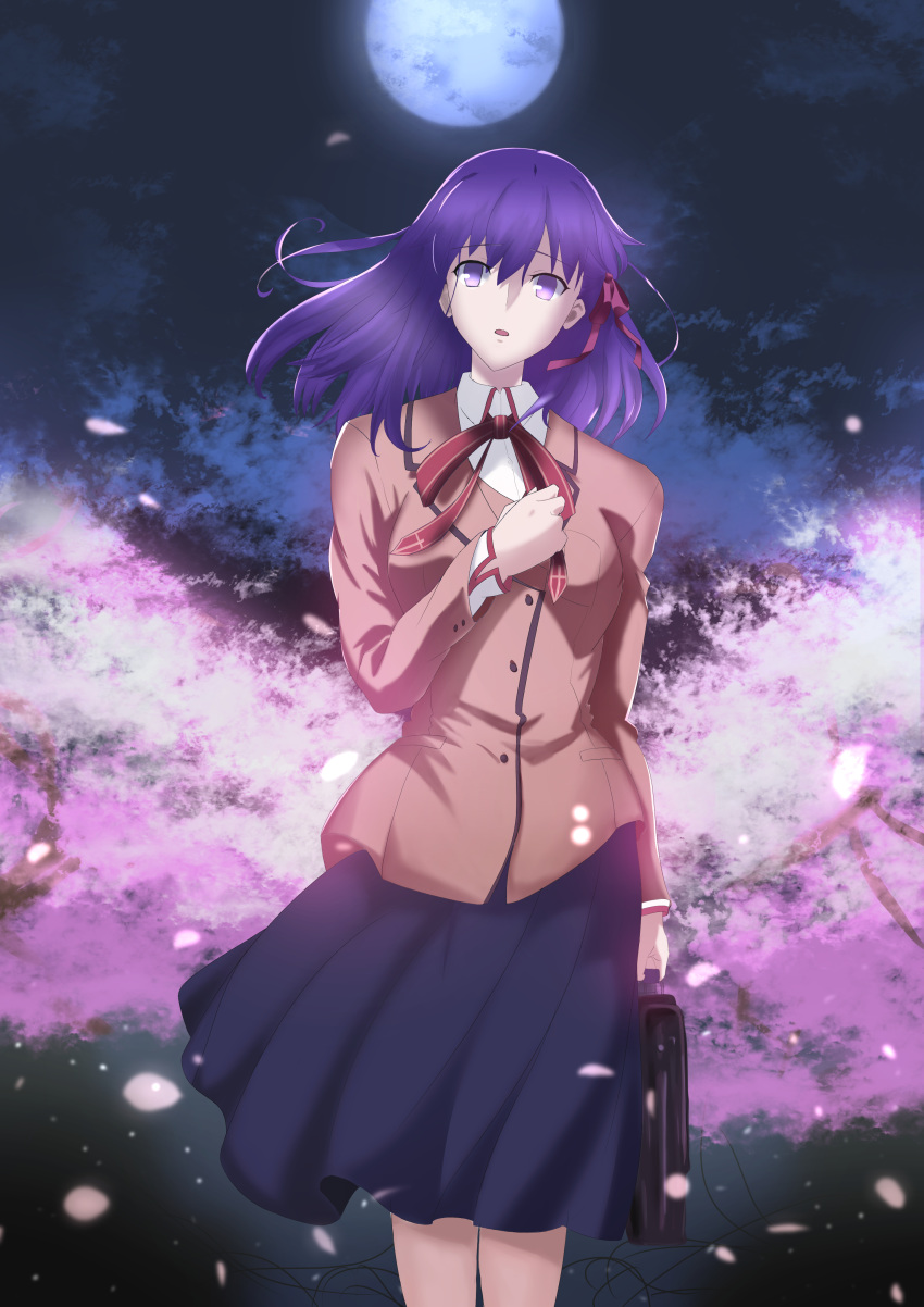 1girl absurdres bag black_skirt brown_jacket collared_shirt day fate/stay_night fate_(series) full_moon haduki_fa hair_ribbon highres holding holding_bag homurahara_academy_uniform jacket long_hair long_sleeves looking_at_viewer matou_sakura medium_skirt moon neck_ribbon night night_sky open_mouth outdoors petals purple_eyes purple_hair red_ribbon ribbon school_bag shirt skirt sky solo standing white_shirt wing_collar