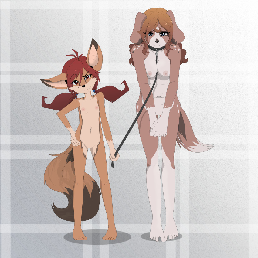 1:1 absurd_res age_difference akari_minamaru anthro big_ears bird_dog blue_eyes breasts brown_fur brown_hair brown_spots canid canine canis child collar cub domestic_dog domination duo eyebrows female female/female female_domination flat_chested fluffy fluffy_tail fox freckles fur gothbunnyboy hair hands_together hi_res hunting_dog looking_at_viewer mammal master/pet medium_breasts model_sheet naked_collar nipples nude older_female orange_fur pigtails raised_eyebrow red_eyes red_hair smile spaniel spots submissive_female tamika_raynaki teenager thigh_gap white_spots young younger_female