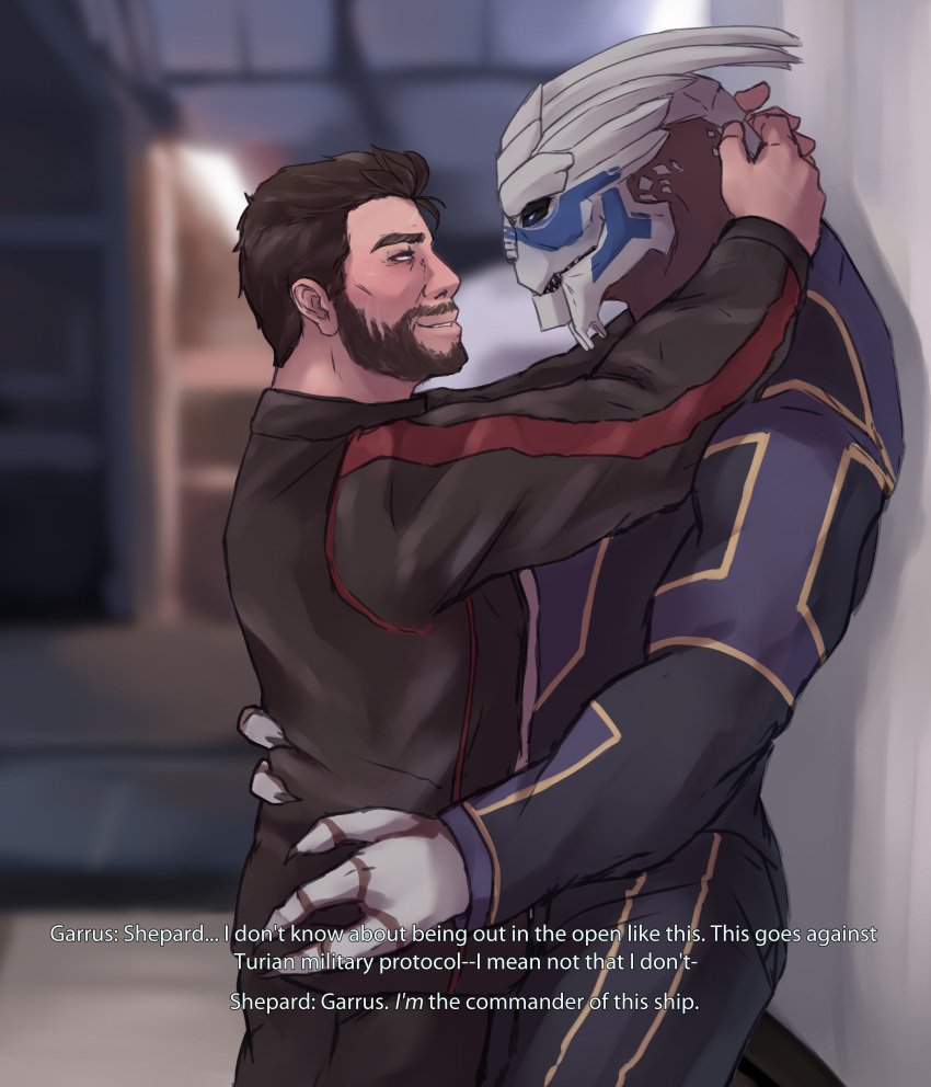 absurd_res against_wall alien beard clothed clothing commander_shepard dialogue duo eye_contact facial_hair fully_clothed garrus_vakarian ghangaji grin hand_on_back hi_res hip_grab hug human interspecies looking_at_another male male/male mammal mass_effect neck_grab smile standing turian video_games