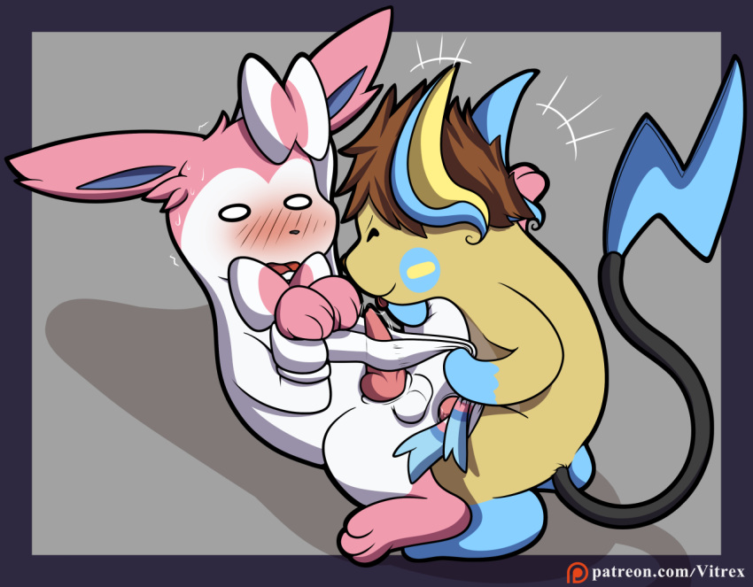 anal anal_penetration balls blush digital_media_(artwork) duo eeveelution erection feral fur hair hybrid knot lying male male/male minuchu minun missionary_position neoteny nintendo on_back penetration penis pok&eacute;mon pok&eacute;mon_(species) raichu sex sylveon video_games vitrex