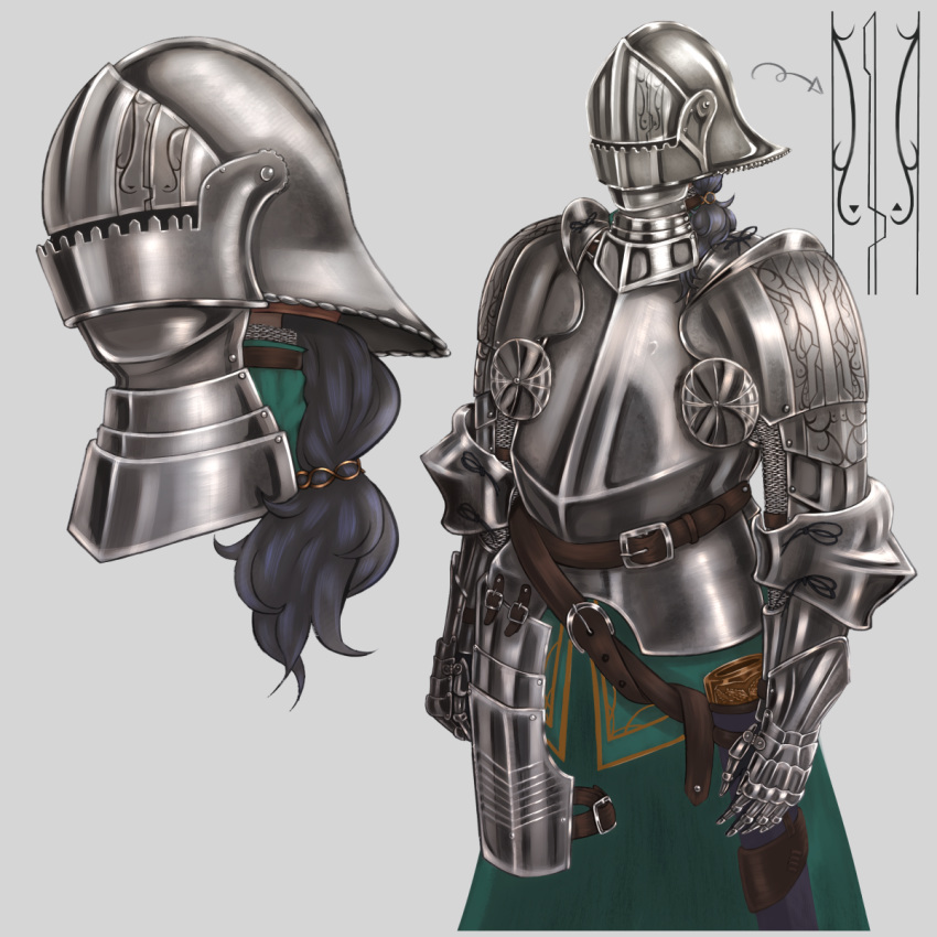 1girl armor black_hair breastplate chainmail female hat helmet highres knight metal_nick original pauldrons plate_armor scabbard sheath simple_background solo