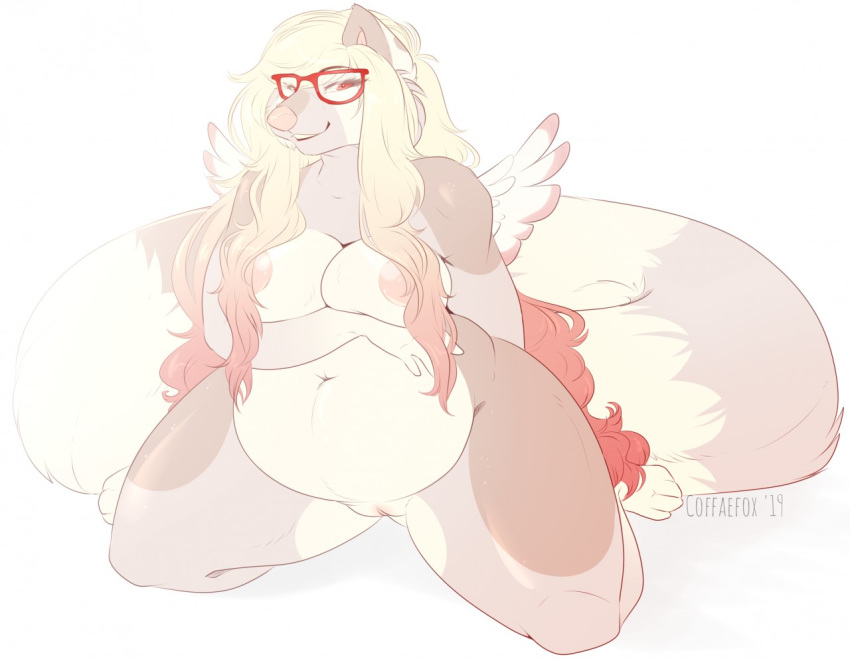 2019 angel anthro areola big_areola big_breasts big_nipples breasts brown_fur canid canine claire_(coffaefox) cleft_of_venus clothing coffaefox digital_media_(artwork) eyewear feathered_wings feathers female fluffy fluffy_tail full-length_portrait fur glasses hair long_hair long_tail mammal navel nipples nude overweight overweight_female panties pink_eyes pink_nipples portrait pussy red_glasses simple_background solo thick_thighs tuft underwear voluptuous white_fur wings