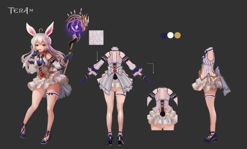 1girl ahoge animal_ears blue_footwear bunny_ears bunny_tail concept_art copyright_name crystal dress elin_(tera) full_body garters gem gloves glowing grey_background hand_to_own_mouth high_heels highres holding ji-hyun_ro kneepits legs long_hair multiple_views official_art purple_gloves red_eyes shoes short_dress simple_background solo staff tail tera_online turnaround weapon white_dress white_hair