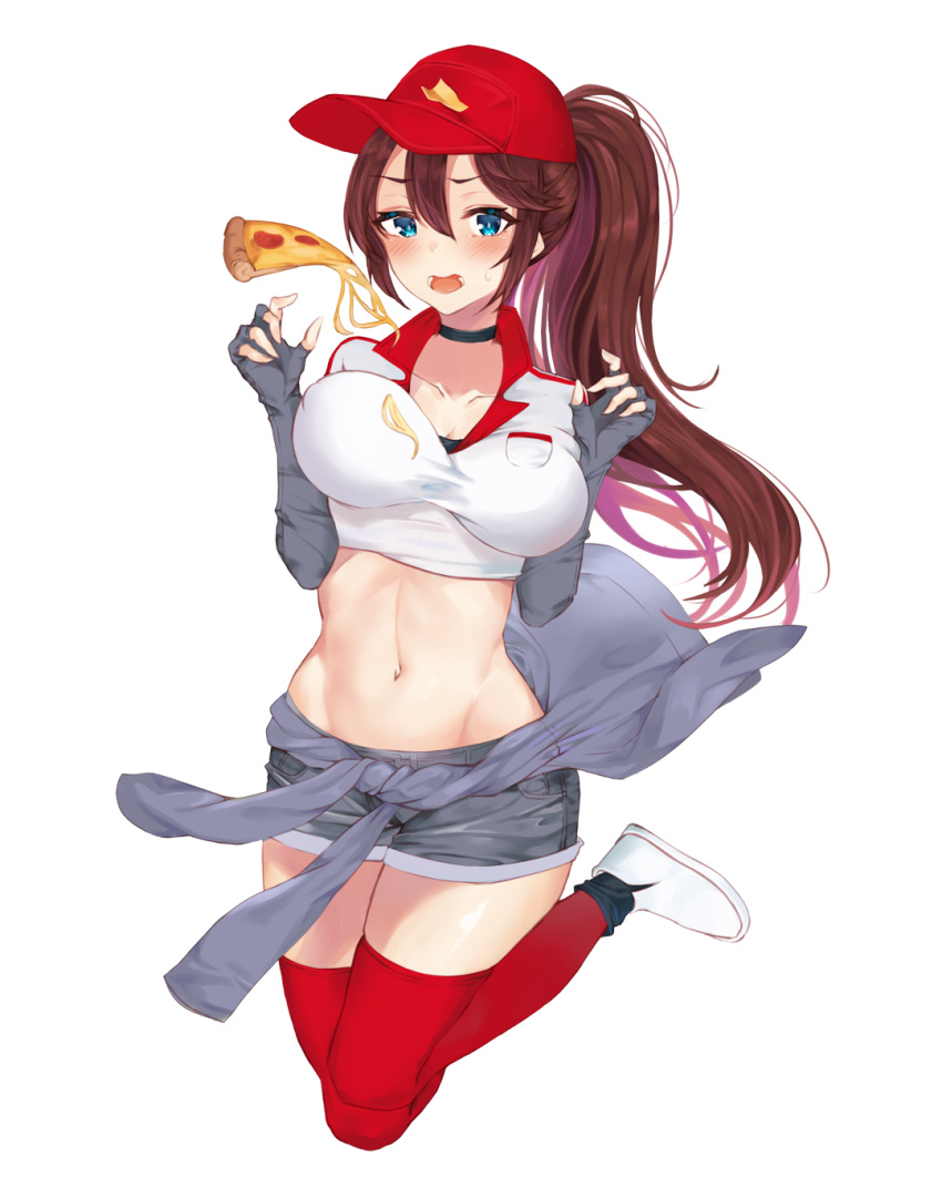 1girl baseball_cap blue_eyes blush bouncing_breasts breasts brown_hair choker clothes_around_waist collarbone elbow_gloves employee_uniform erect_nipples error_dot fingerless_gloves food gloves hat jumping large_breasts league_of_legends legs_up looking_at_viewer midriff navel pizza pizza_delivery_sivir ponytail shirt shoes shorts sivir sneakers solo t-shirt thighhighs uniform