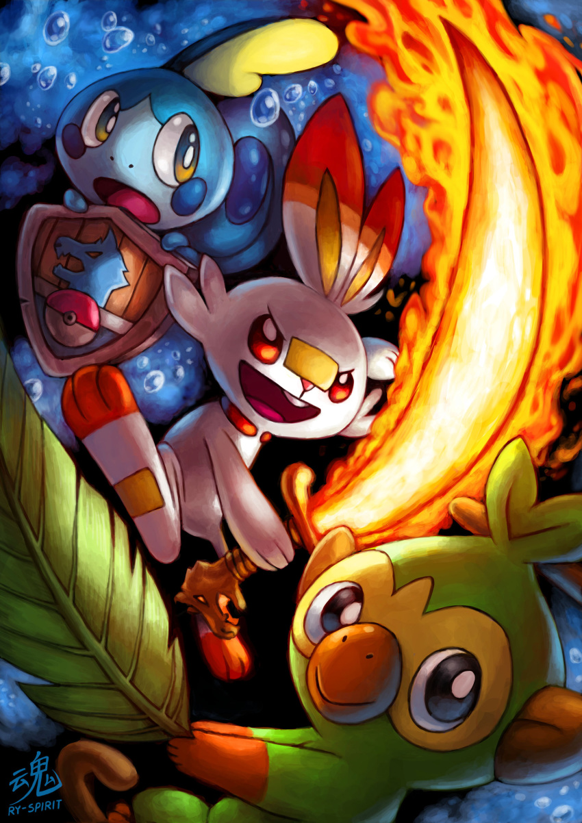 absurdres black_eyes brown_eyes bunny commentary creatures_(company) english_commentary fire game_freak gen_8_pokemon grookey highres holding holding_shield holding_sword holding_weapon nintendo no_humans pokemon pun ry-spirit scorbunny shield signature sobble sword weapon