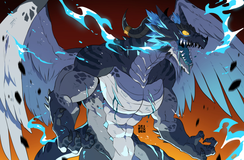 abs anthro biceps blood blue_flesh blue_scales claws curved_horn dragon feathers featureless_crotch fighting_stance glowing glowing_eyes grey_scales horn horn_ring lightning magic male muscular muscular_male nude open_mouth pecs roaring saliva scales scar seiryuuden simple_background solo standing teeth white_scales wings wounded xerias yellow_eyes