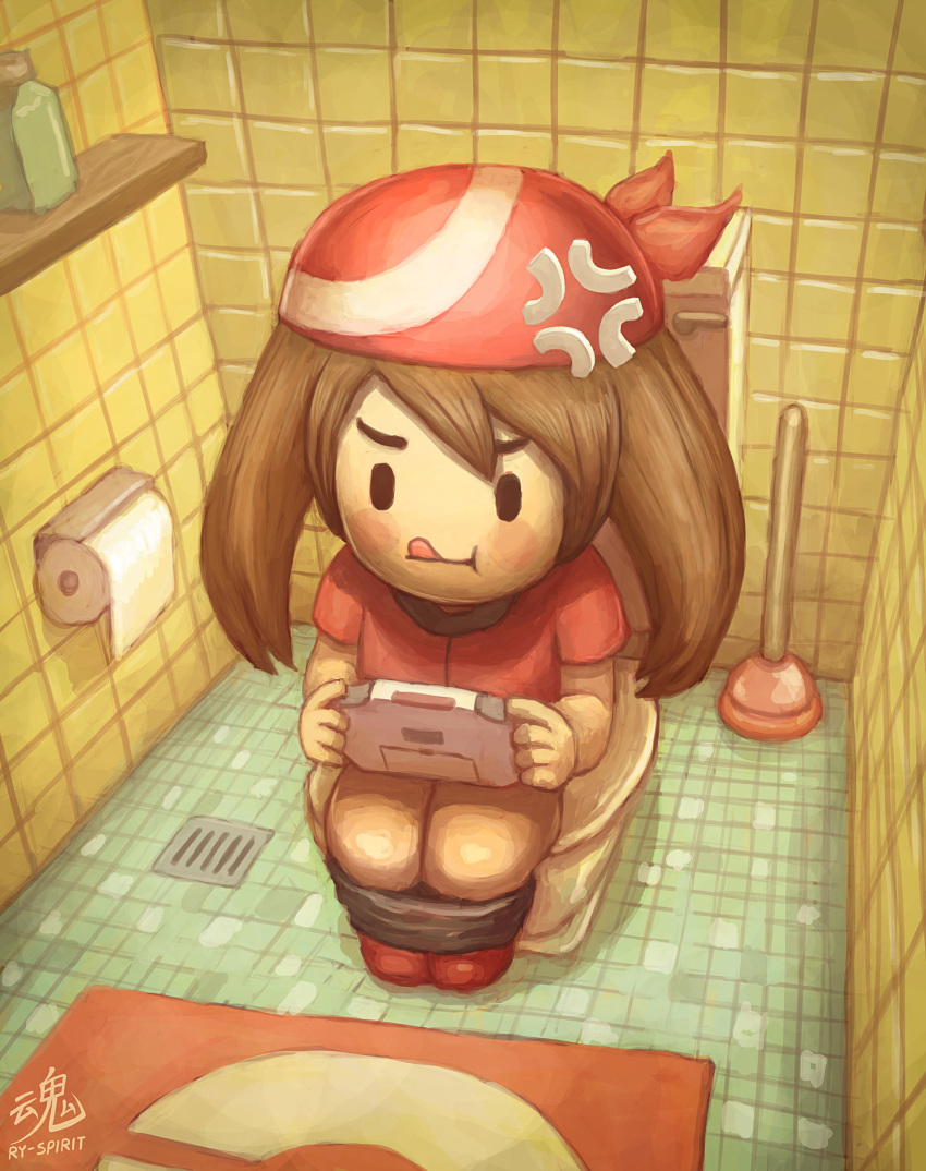 1girl absurdres bathroom brown_hair commentary creatures_(company) english_commentary game_boy_advance game_freak handheld_game_console haruka_(pokemon) highres holding holding_handheld_game_console indoors long_hair nintendo playing_games pokemon pokemon_(game) pokemon_rse ry-spirit signature sitting sitting_on_object solo toilet toilet_paper tongue tongue_out wall