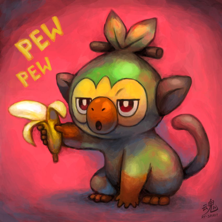 absurdres banana commentary creature creatures_(company) english_commentary food fruit full_body game_freak gen_8_pokemon grookey highres holding holding_food holding_fruit monkey nintendo no_humans onomatopoeia pokemon pokemon_(creature) ry-spirit signature solo