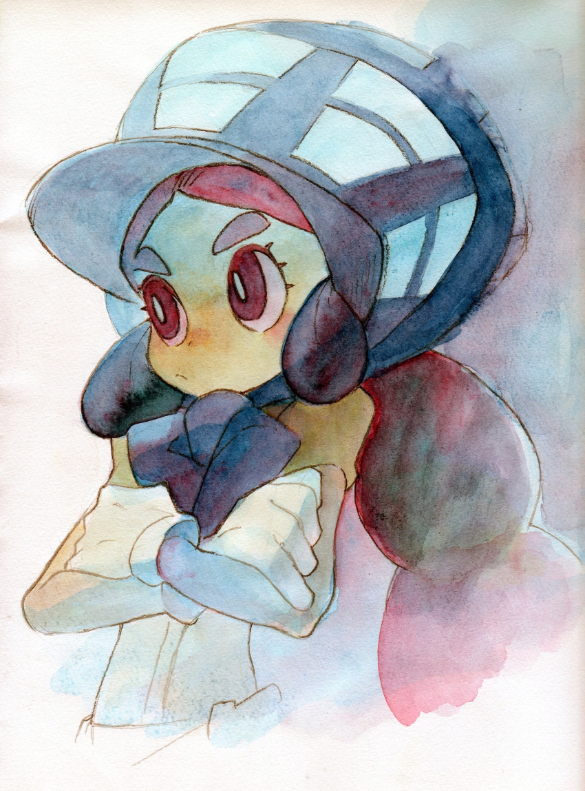 1girl absurdres black_hair bonnet bright_pupils closed_mouth creatures_(company) crossed_arms dark_skin donnpati frown game_freak gloves hapu'u_(pokemon) highres island_kahuna long_hair nintendo pokemon pokemon_(game) pokemon_sm purple_eyes solo thick_eyebrows traditional_media upper_body watercolor_(medium) white_gloves white_pupils