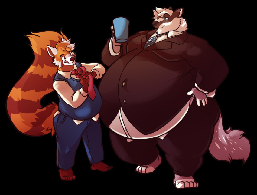 ailurid anthro badger barefoot belly belly_overhang ben-ben big_belly black_background clothed clothing duo fur hand_on_hip holding_cup holding_object male mammal moobs mustelid musteline necktie obese obese_male orange_fur overweight overweight_male red_panda simple_background smile standing thick_thighs tongue tongue_out white_fur