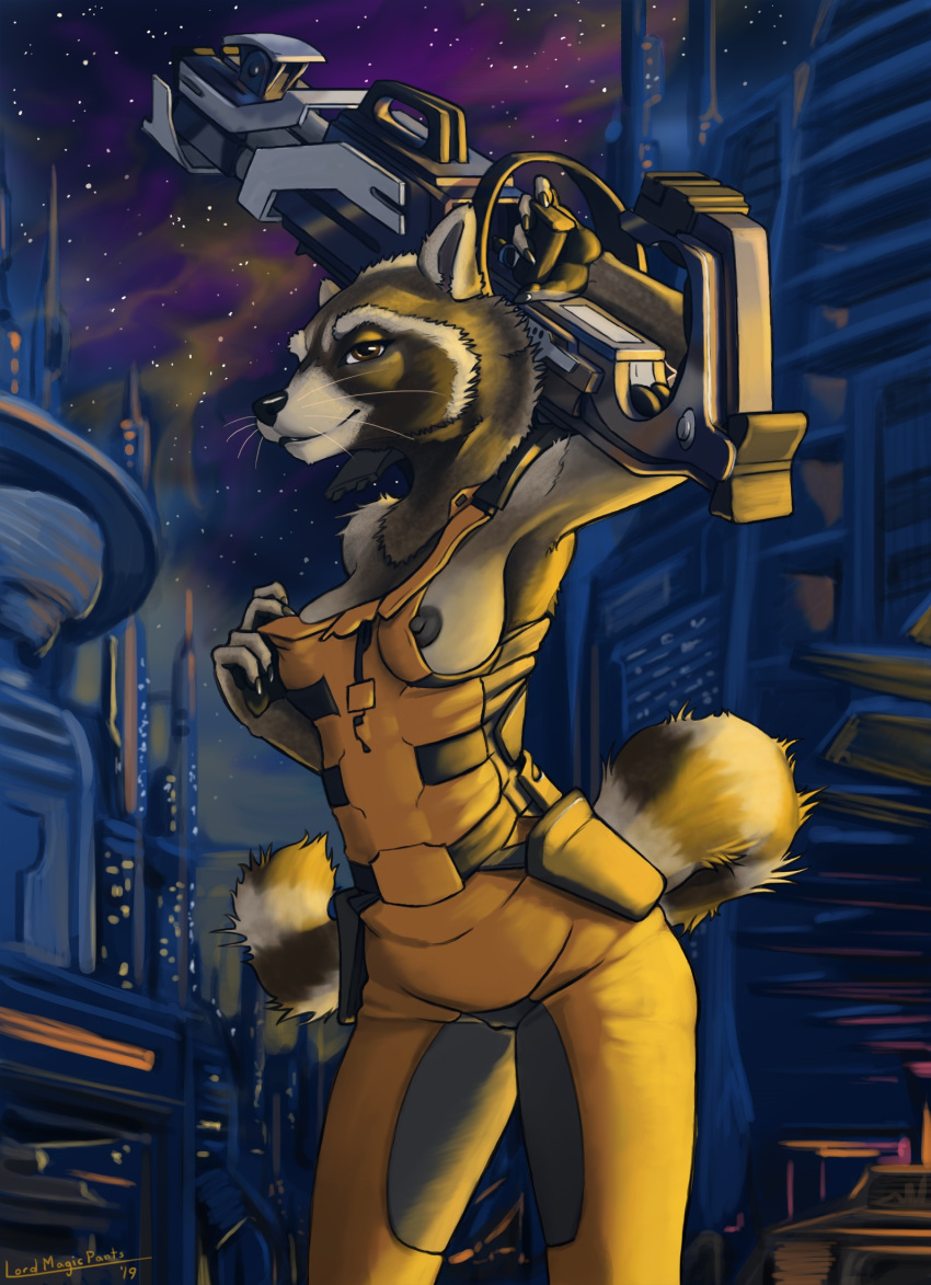 2019 alien_planet anthro black_nipples black_nose breasts brown_eyes city claws clothed clothing crossgender female guardians_of_the_galaxy gun hi_res holding_object jumpsuit lord_magicpants mammal marvel nipples partially_clothed procyonid raccoon ranged_weapon rocket_raccoon sky smile solo standing star starry_sky weapon whiskers