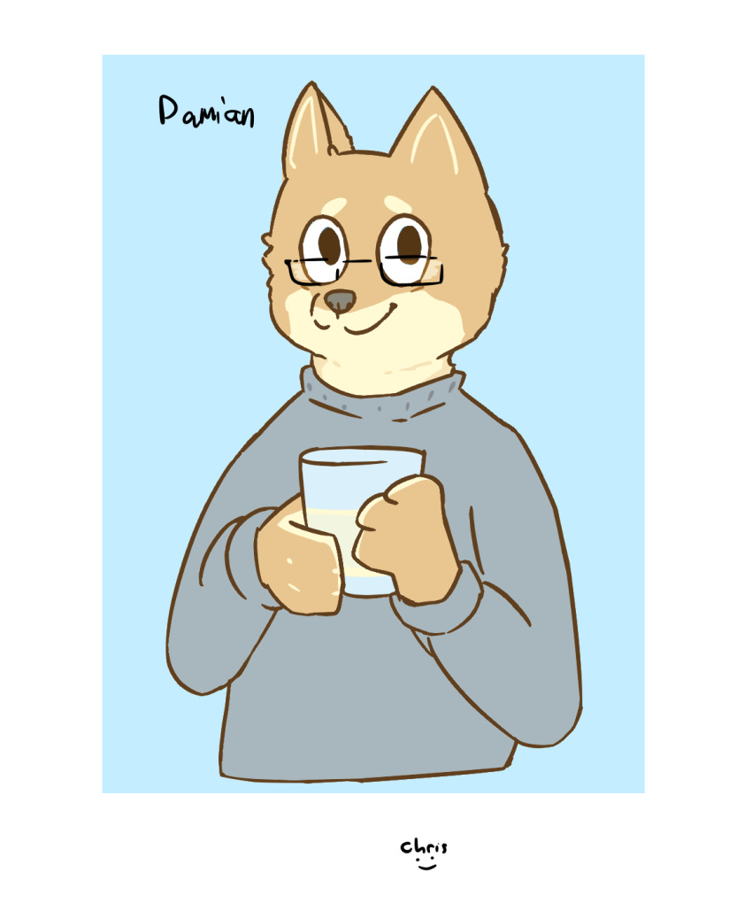 canid canine canis damien_june_(abyssal_pen) domestic_dog eyewear glass glasses gray_sweater hi_res mammal shiba_inu smile spitz unknown_substance