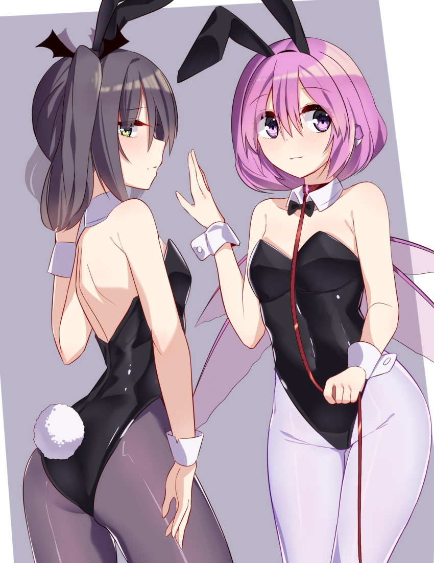 2girls :3 animal_ears bare_arms bare_shoulders black_hair black_legwear black_leotard black_neckwear bow bowtie breasts bunny_ears bunny_girl bunny_tail bunnysuit covered_navel cowboy_shot ddt_(darktrident) detached_collar fake_animal_ears green_eyes groin hair_between_eyes hand_up highres holding leash leotard long_hair looking_at_viewer looking_back multiple_girls original pantyhose personification profile purple_eyes purple_hair short_hair sidelocks small_breasts smile standing starcraft tail twintails white_legwear wrist_cuffs zergling