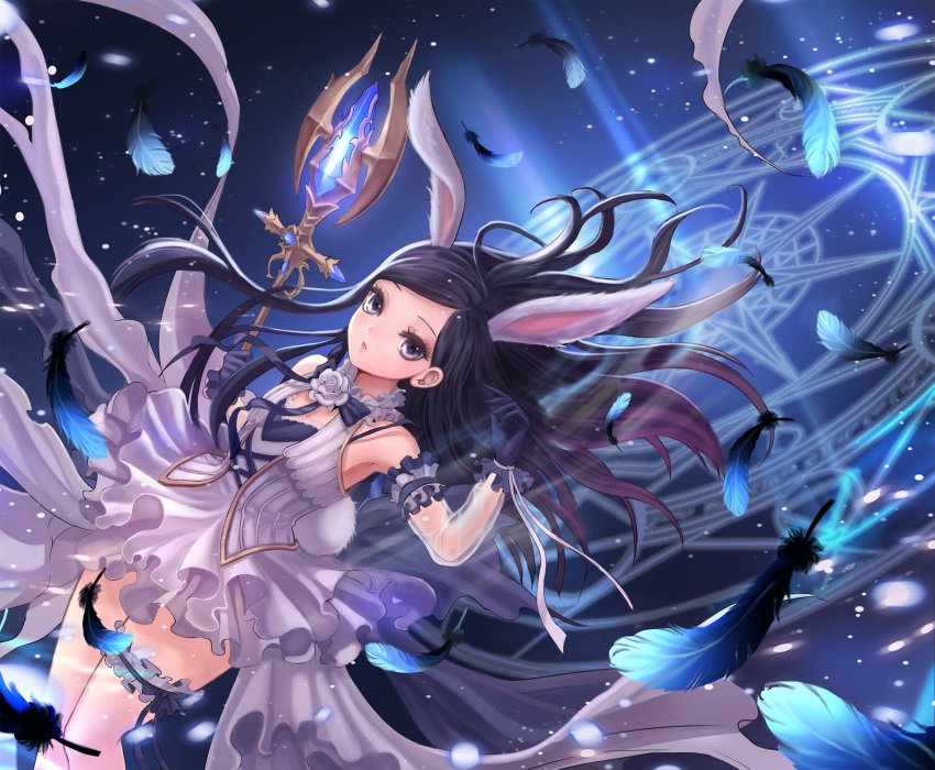 1girl animal_ears arm_up armpits black_feathers black_gloves black_hair bunny_ears bunny_tail crystal detached_sleeves dress elin_(tera) feathers garters gloves glowing highres ji-hyun_ro long_hair magic_circle official_art purple_eyes see-through see-through_sleeves short_dress solo staff tail tera_online weapon white_dress wind wind_lift