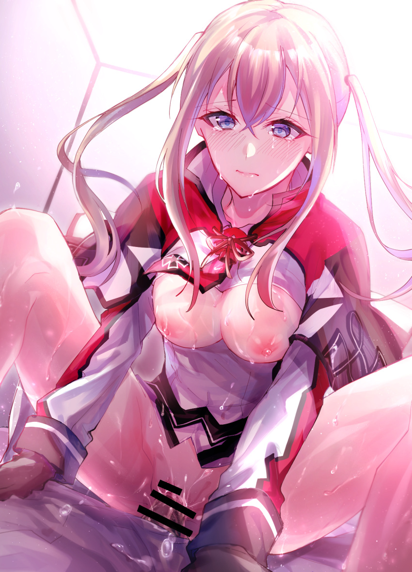 1boy 1girl areolae bar_censor betti_(maron) blonde_hair blue_eyes blush bottomless breasts censored cowgirl_position dutch_angle gloves graf_zeppelin_(kantai_collection) groin highres kantai_collection large_breasts long_hair nipples pussy_juice sex shirt_lift solo_focus straddling sweat thighs vaginal