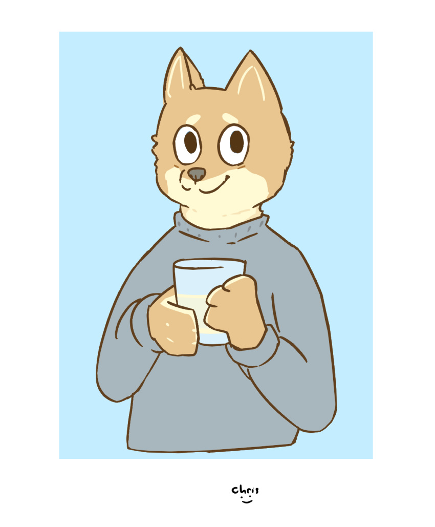 ambiguous_gender anthro canid canine canis damien_june_(abyssal_pen) domestic_dog glass gray_sweater hi_res mammal shiba_inu solo spitz unknown_substance