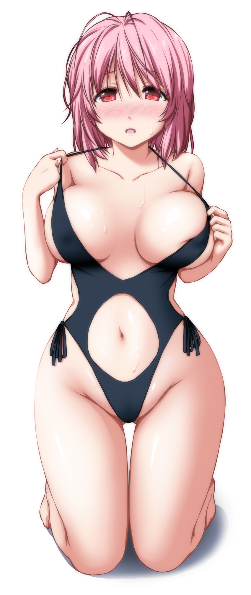 1girl absurdres ass_visible_through_thighs bangs bare_legs bare_shoulders barefoot black_swimsuit blush breasts collarbone commentary_request eyebrows_visible_through_hair full_body groin hair_between_eyes highleg highleg_swimsuit highres kneeling large_breasts looking_at_viewer navel no_hat no_headwear nori_tamago nose_blush one-piece_swimsuit open_mouth pink_hair red_eyes saigyouji_yuyuko shadow short_hair side-tie_swimsuit simple_background solo stomach_cutout strap_pull sweat swimsuit thigh_gap thighs touhou white_background