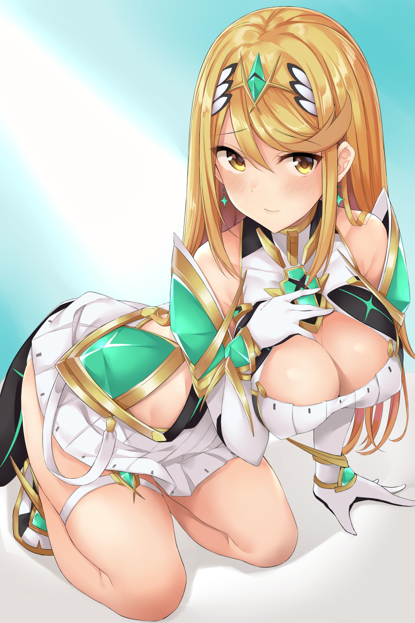 1girl absurdres blonde_hair breasts chest_jewel dress earrings elbow_gloves fingerless_gloves fingernails gloves highres hikari_(xenoblade_2) jewelry kneeling large_breasts long_hair nintendo on_bed tetora_(yumejihuka) thighs tiara very_long_hair white_dress xenoblade_(series) xenoblade_2 yellow_eyes