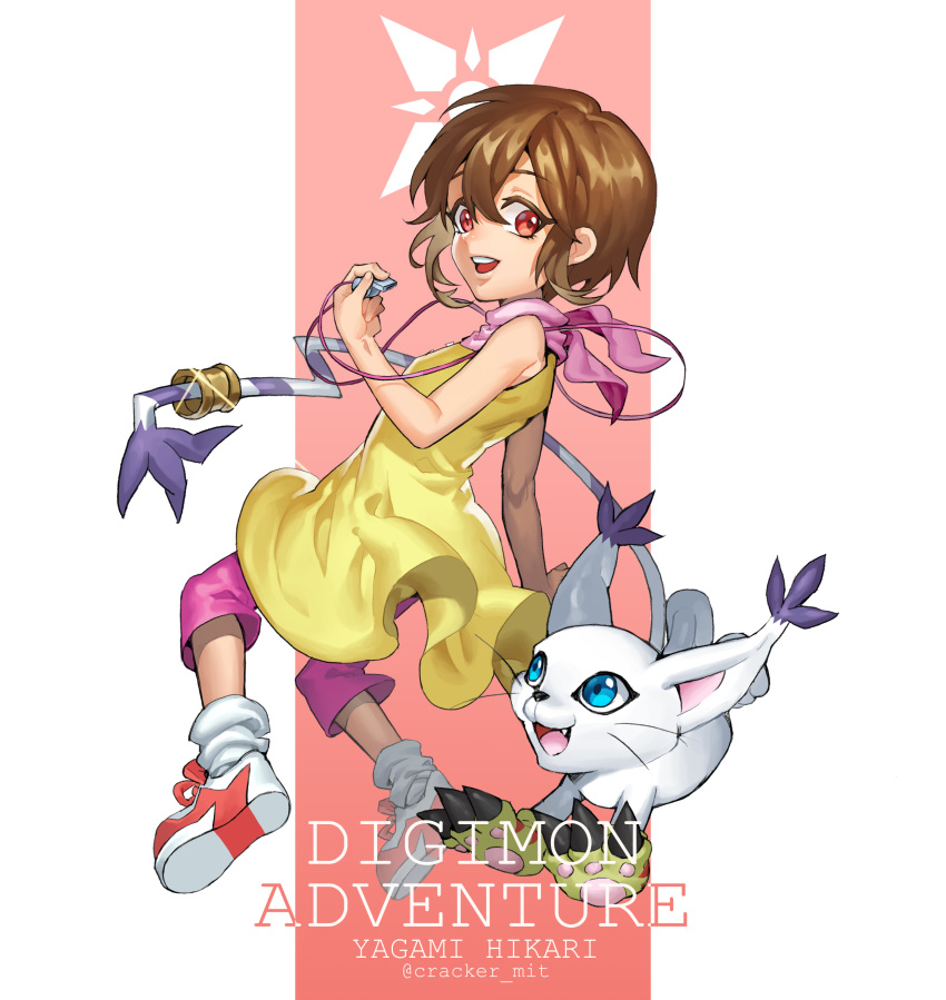 absurdres breasts brown_eyes brown_hair commentary_request digimon digimon_adventure dress highres looking_at_viewer short_hair smile tailmon yagami_hikari