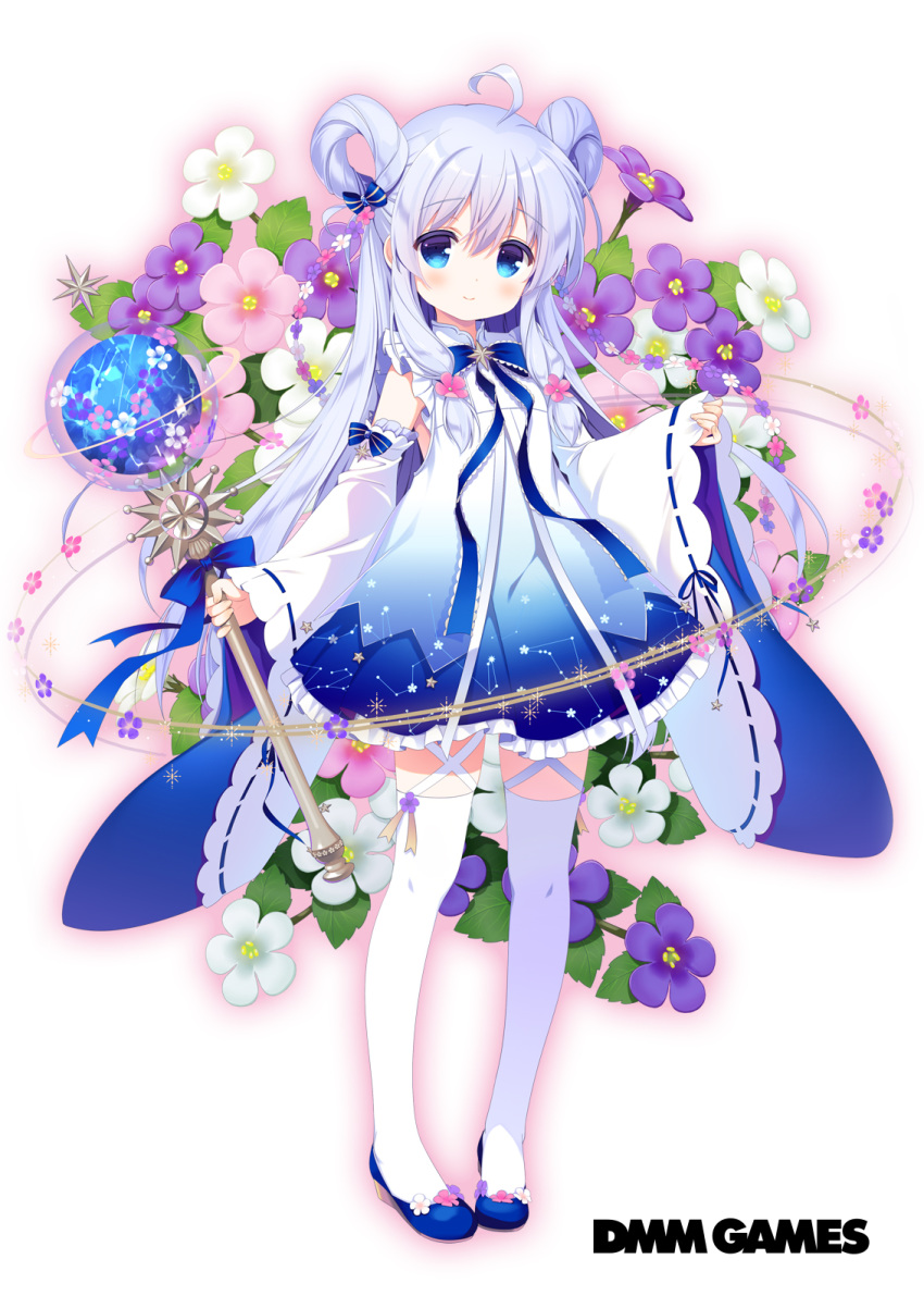 1girl ahoge bangs blue_bow blue_eyes blue_footwear bow bowtie closed_mouth commentary_request copyright_name detached_sleeves dmm floral_background flower flower_knight_girl full_body gradient gradient_background hair_between_eyes hair_ribbon hair_rings highres holding holding_wand light_blue_hair long_hair looking_at_viewer object_namesake official_art ribbon santa_matsuri smile solo standing sutera_(flower_knight_girl) thighhighs wand white_background white_legwear wide_sleeves