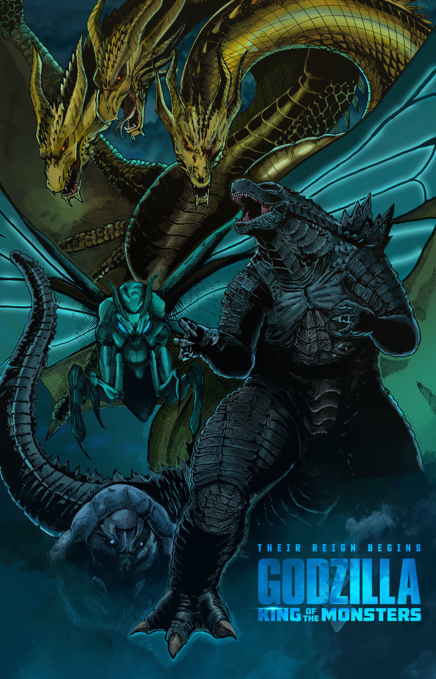 alien bioluminescence blue_eyes bug butterfly caterpillar christian_willlett claws conjoined deity dinosaur dragon dragon_horns dragon_wings fangs glowing glowing_eyes god goddess godzilla godzilla:_king_of_the_monsters godzilla_(2019) godzilla_(series) horns hydra insect kaijuu king_ghidorah king_ghidorah_(2019) legendary_pictures monster monsterverse moth mothra mothra_(2019) movie_poster multiple_heads multiple_tails no_humans open_mouth orange_eyes red_eyes sharp_teeth spikes tail teeth text toho_(film_company) wings