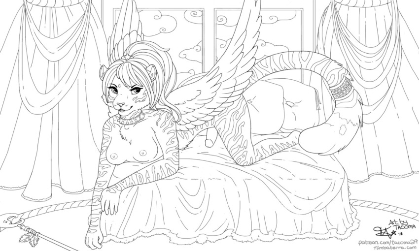 angel bed bedroom breasts cloud collar coloring_page curtains dickgirl feathers felid intersex mammal pantherine penis pinup ponytail pose solo spikes staff tacoma tacoma_(character) tiger wings