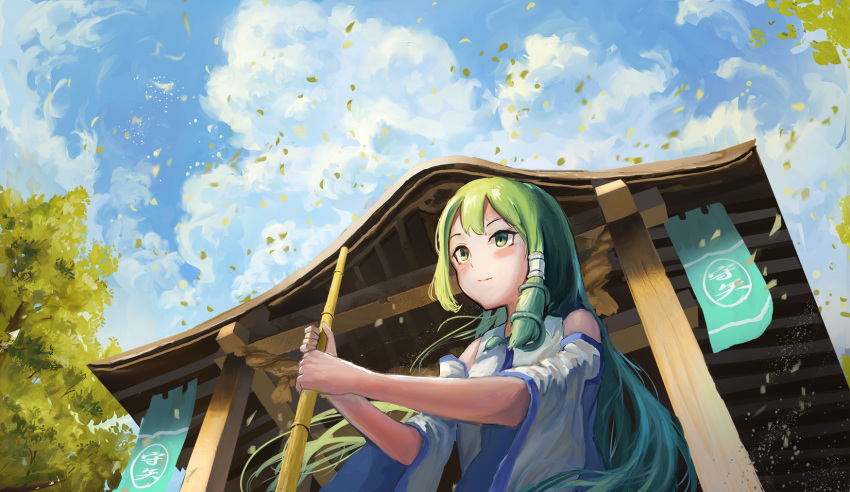 1girl architecture bamboo_broom bangs blue_sky blush broom cloud day detached_sleeves dutch_angle east_asian_architecture falling_leaves fjsmu from_below green_eyes green_hair hair_ornament hair_tubes highres holding holding_broom kochiya_sanae leaf light_smile long_hair looking_away moriya_shrine outdoors outstretched_arms parted_bangs rope shimenawa shrine single_sidelock sky snake_hair_ornament solo touhou tree upper_body very_long_hair vest white_vest
