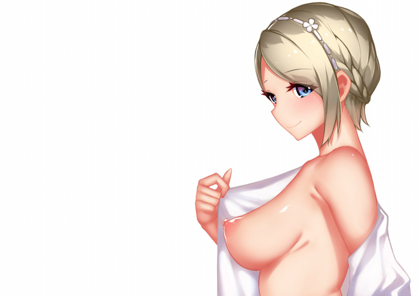 1girl ace_combat ace_combat_7 blonde_hair blue_eyes braid breasts flower french_braid hair_flower hair_ornament medium_breasts nipples puffy_nipples rosa_cossette_d'elise short_hair solo undressing