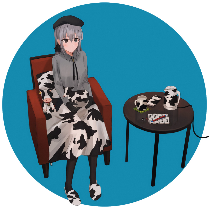 1girl animal_print armchair bangs beret black_gloves black_headwear black_legwear black_ribbon blue_background brown_eyes cellphone chair chihuri collared_shirt cow_print cup dress_shirt eyebrows_visible_through_hair gloves grey_eyes grey_hair grey_shirt hair_between_eyes hair_ribbon hat heterochromia highres long_hair long_sleeves mechanical_pencil mug on_chair original pantyhose pencil phone pillow print_footwear ribbon shirt sitting slippers solo stuffed_animal stuffed_cow stuffed_toy table themed_object two-tone_background white_background