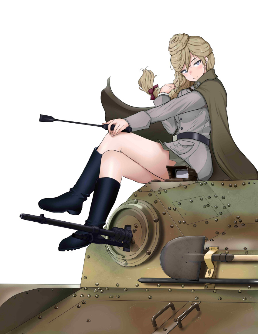 1girl absurdres belt black_belt black_footwear blonde_hair blue_eyes blush bonple_military_uniform boots braid brown_cape brown_jacket brown_ribbon brown_skirt cape closed_mouth commentary_request eyebrows_visible_through_hair from_side girls_und_panzer girls_und_panzer_ribbon_no_musha ground_vehicle hair_bun hair_over_shoulder hair_ribbon head_tilt highres holding insignia jacket jajka_(girls_und_panzer) knee_boots legs_crossed long_hair long_sleeves looking_at_viewer military military_uniform military_vehicle miniskirt motor_vehicle pleated_skirt ribbon riding_crop shichisaburo shovel simple_background single_braid sitting skirt smile solo tank uniform vehicle_request white_background