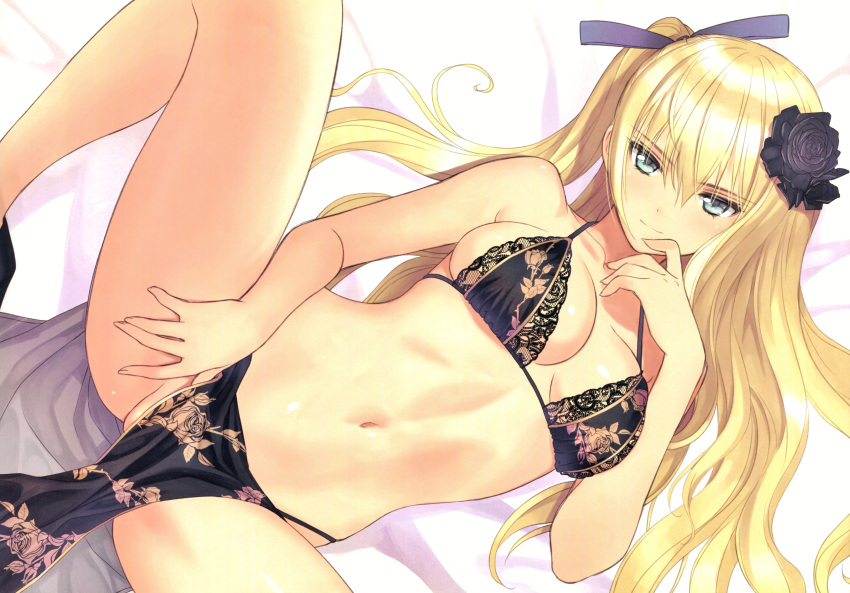 1girl absurdres bangs bare_arms bare_shoulders blonde_hair bow breasts collarbone floral_print hair_bow hair_ornament hand_up highres jin-lian long_hair looking_at_viewer lying medium_breasts navel on_back original pelvic_curtain seductive_smile shiny shiny_hair smile solo stomach tanaka_takayuki