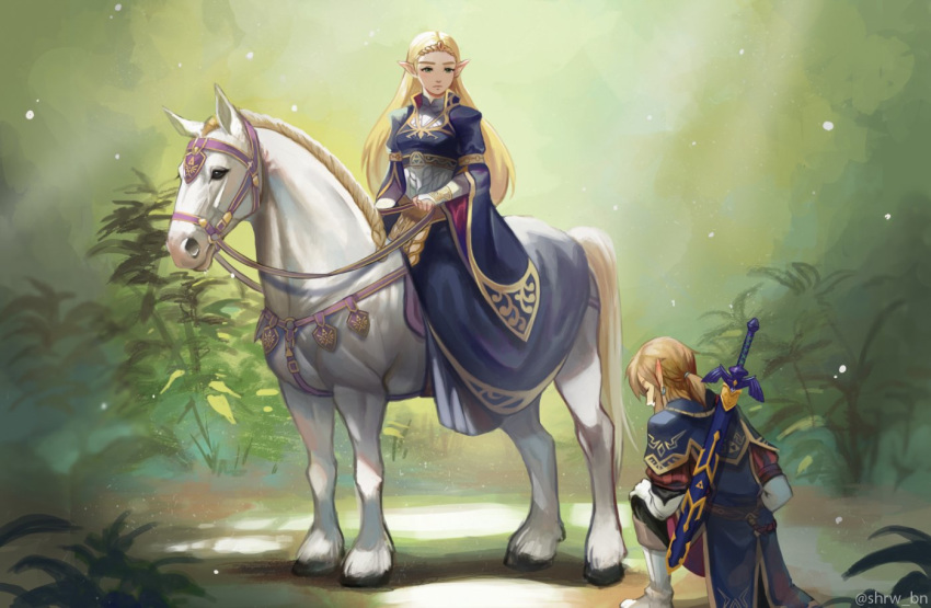 1boy 1girl animal armor blonde_hair blue_dress dress horse horseback_riding link master_sword nintendo pointy_ears princess_zelda riding syn_(kuponutt) the_legend_of_zelda the_legend_of_zelda:_breath_of_the_wild thick_eyebrows white_horse